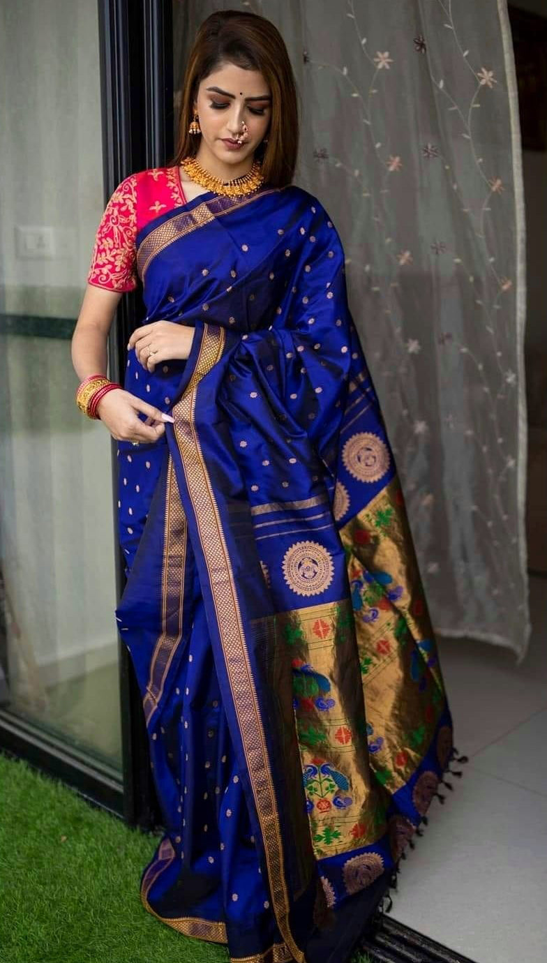 Designer Royal Blue Paithani Silk Saree With Flameboyant Blouse Piece