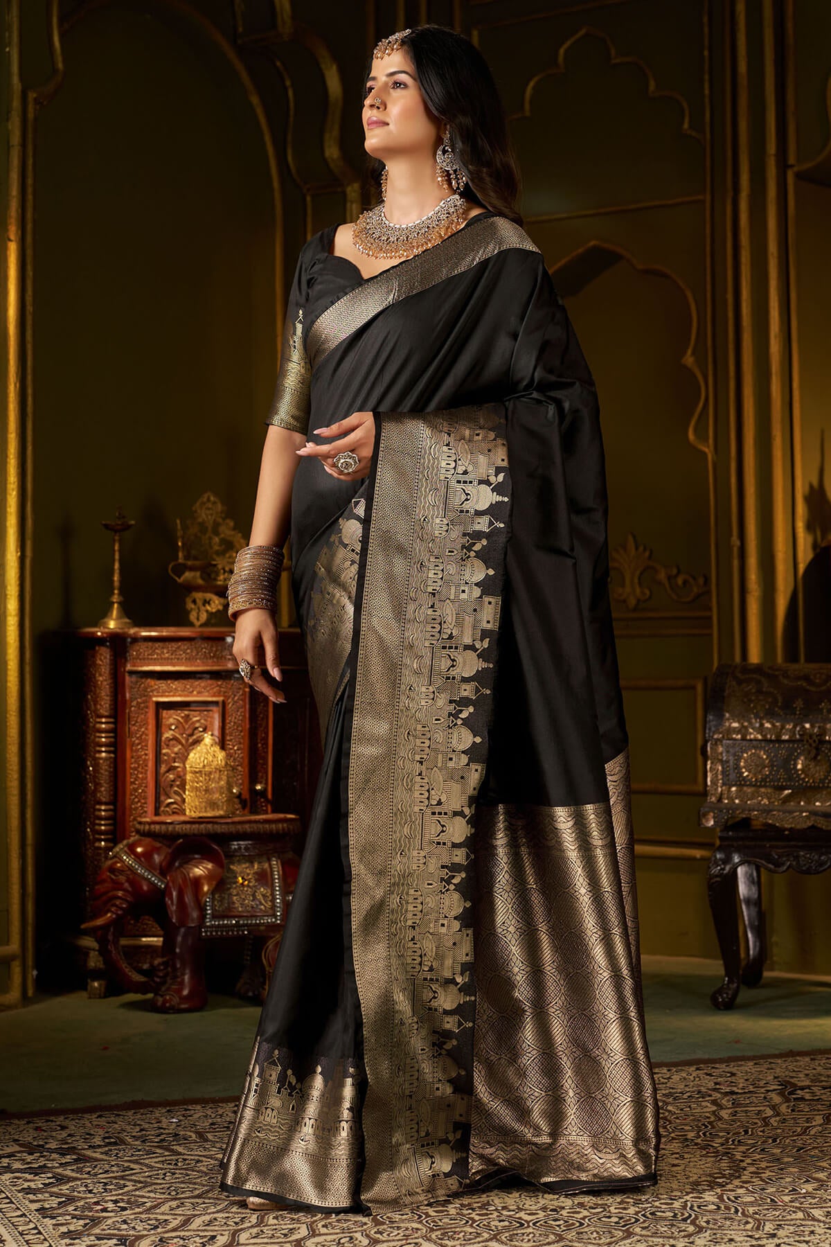 Appealing Black Pure Banarasi Silk Saree With Ailurophile Blouse Piece