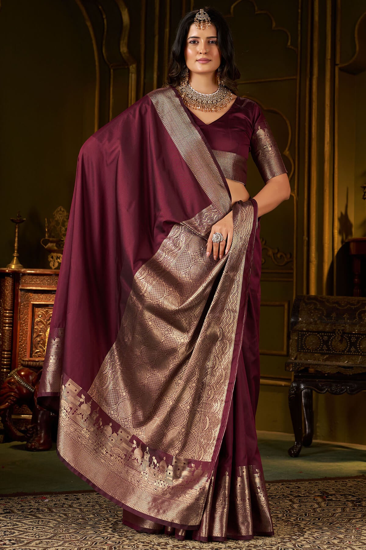 Scrupulous Wine Pure Banarasi Silk Saree With Opulent Blouse Piece