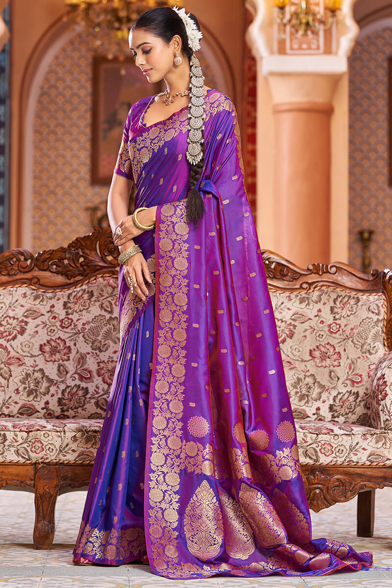 Artistic Purple Soft Banarasi Silk Saree With Dissemble Blouse Piece