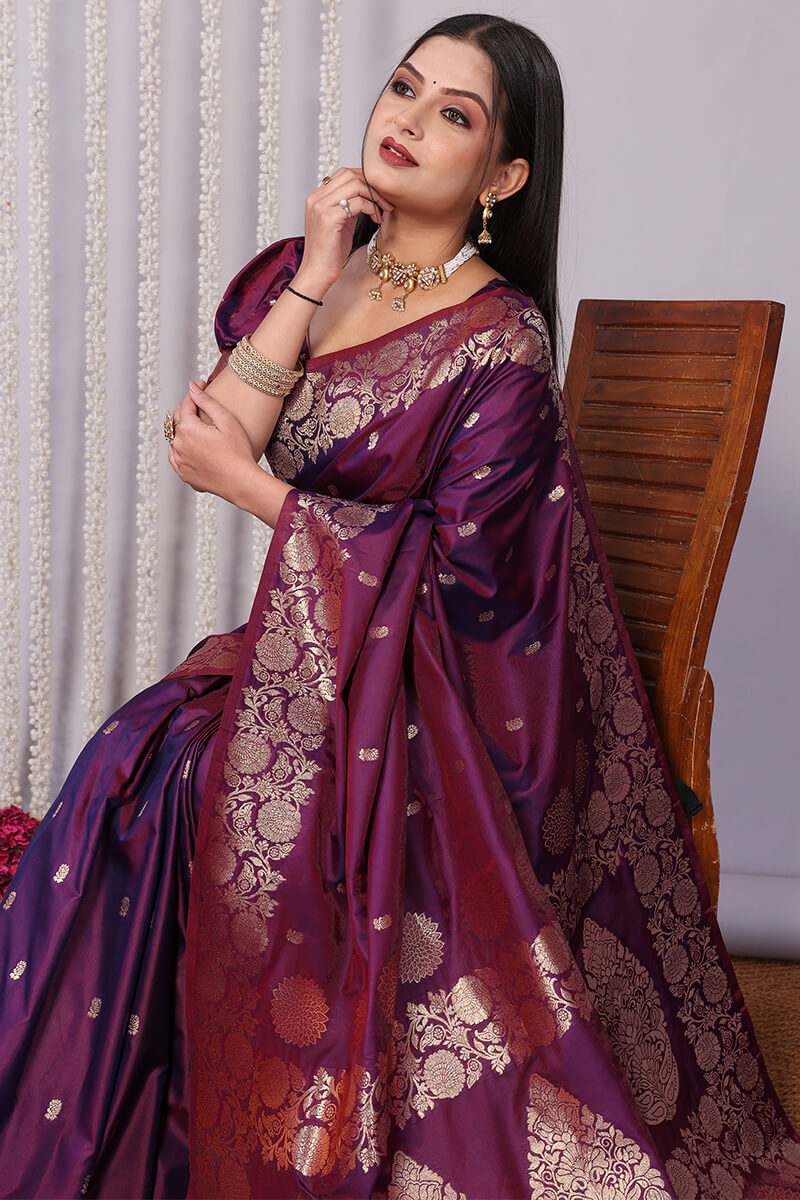 Forbearance Wine Soft Banarasi Silk Saree With Demanding Blouse Piece