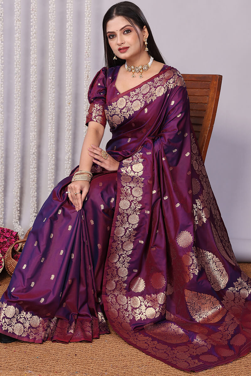 Forbearance Wine Soft Banarasi Silk Saree With Demanding Blouse Piece