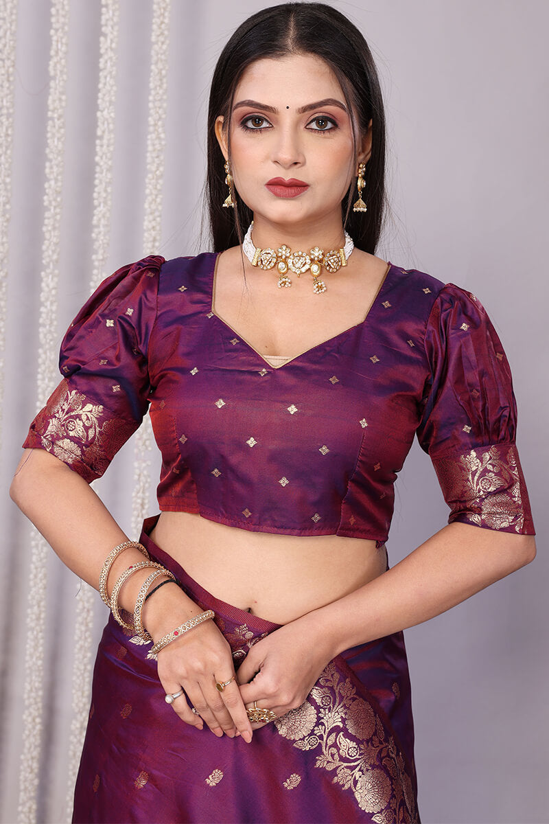 Forbearance Wine Soft Banarasi Silk Saree With Demanding Blouse Piece