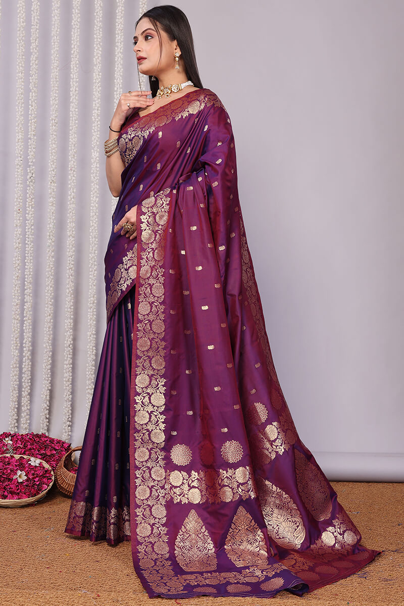 Forbearance Wine Soft Banarasi Silk Saree With Demanding Blouse Piece