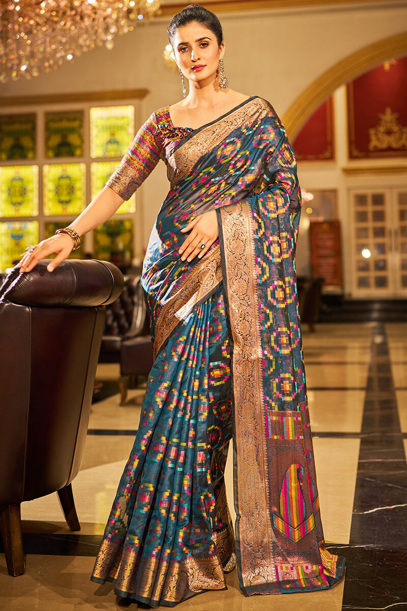 Super Classy Blue Organza Silk Saree With Diaphanous Blouse Piece