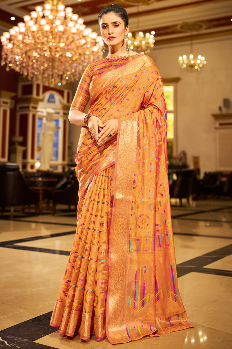 Brood Orange Organza Silk Saree With Eye-catching Blouse Piece