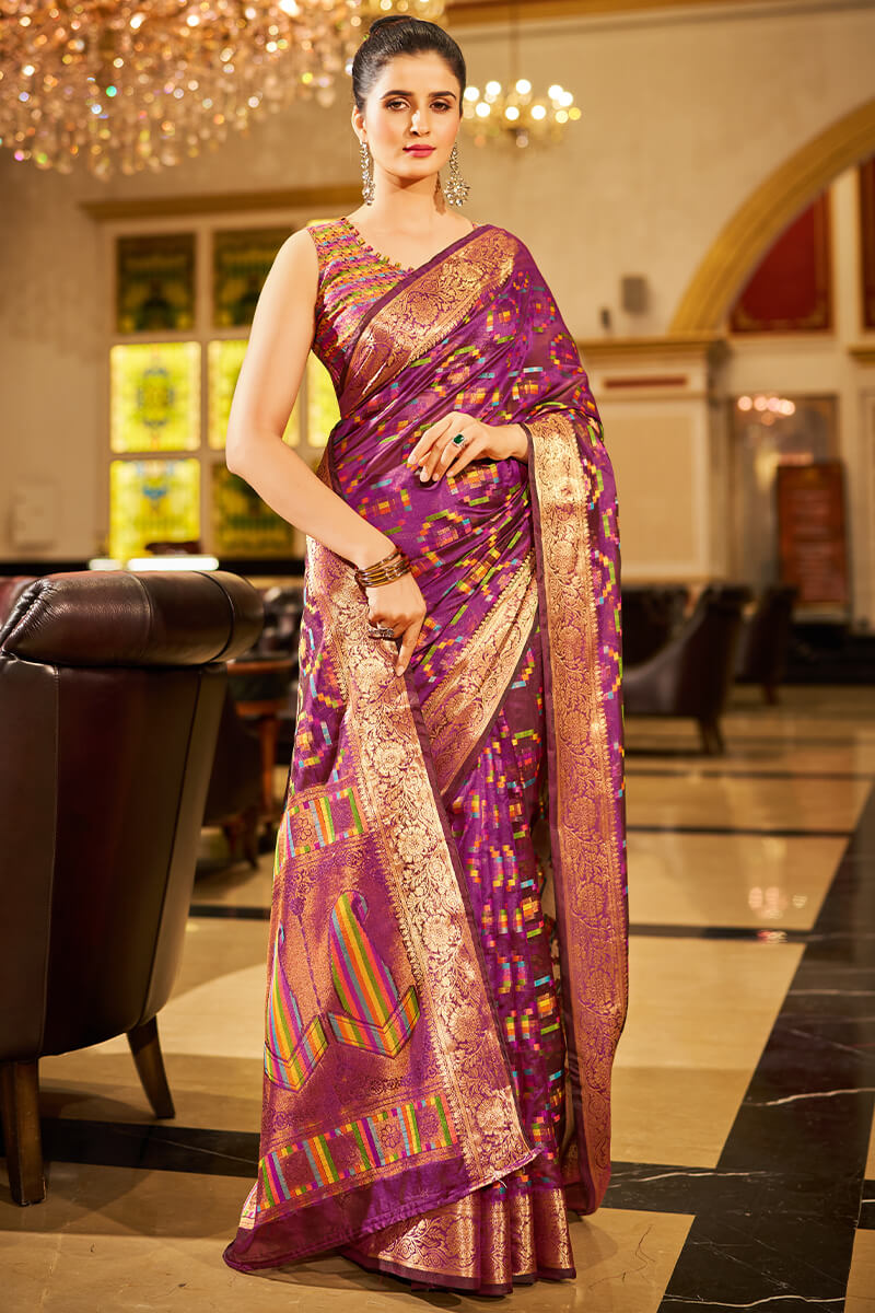 Cynosure Purple Organza Silk Saree With Engaging Blouse Piece