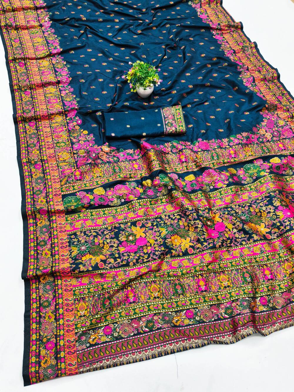 Exquisite Blue Nylon Dola Pashmina Saree With Lustrous Blouse Piece