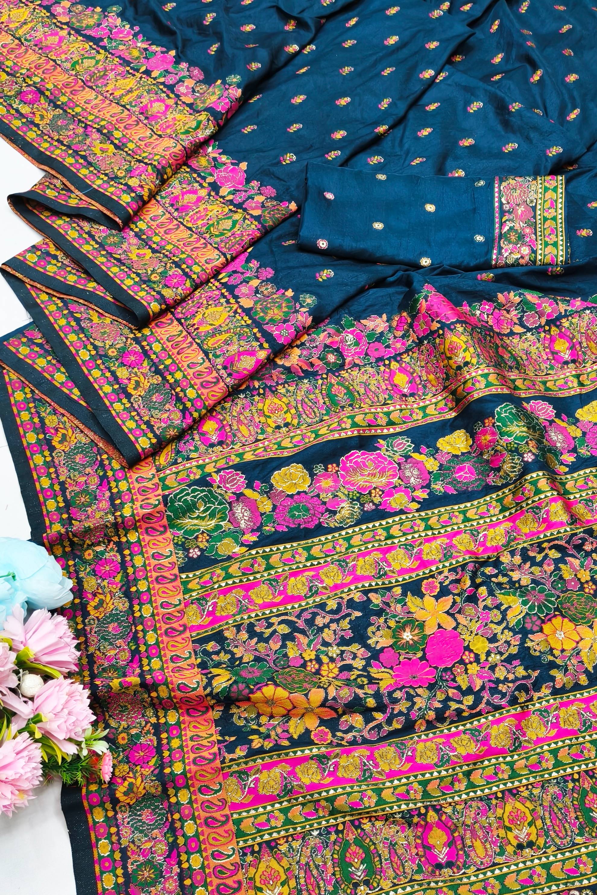 Exquisite Blue Nylon Dola Pashmina Saree With Lustrous Blouse Piece