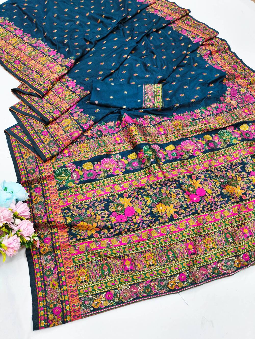 Exquisite Blue Nylon Dola Pashmina Saree With Lustrous Blouse Piece