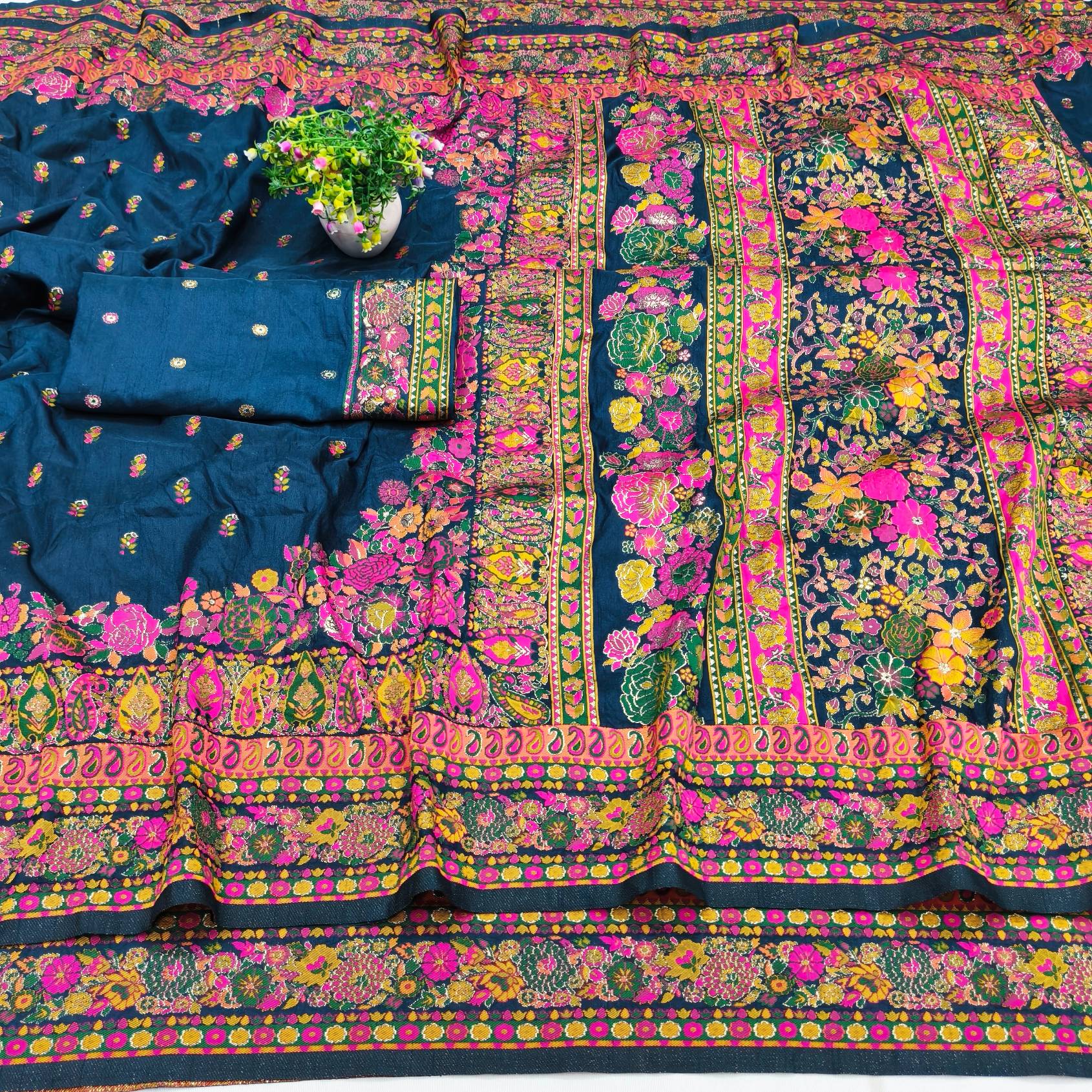 Exquisite Blue Nylon Dola Pashmina Saree With Lustrous Blouse Piece