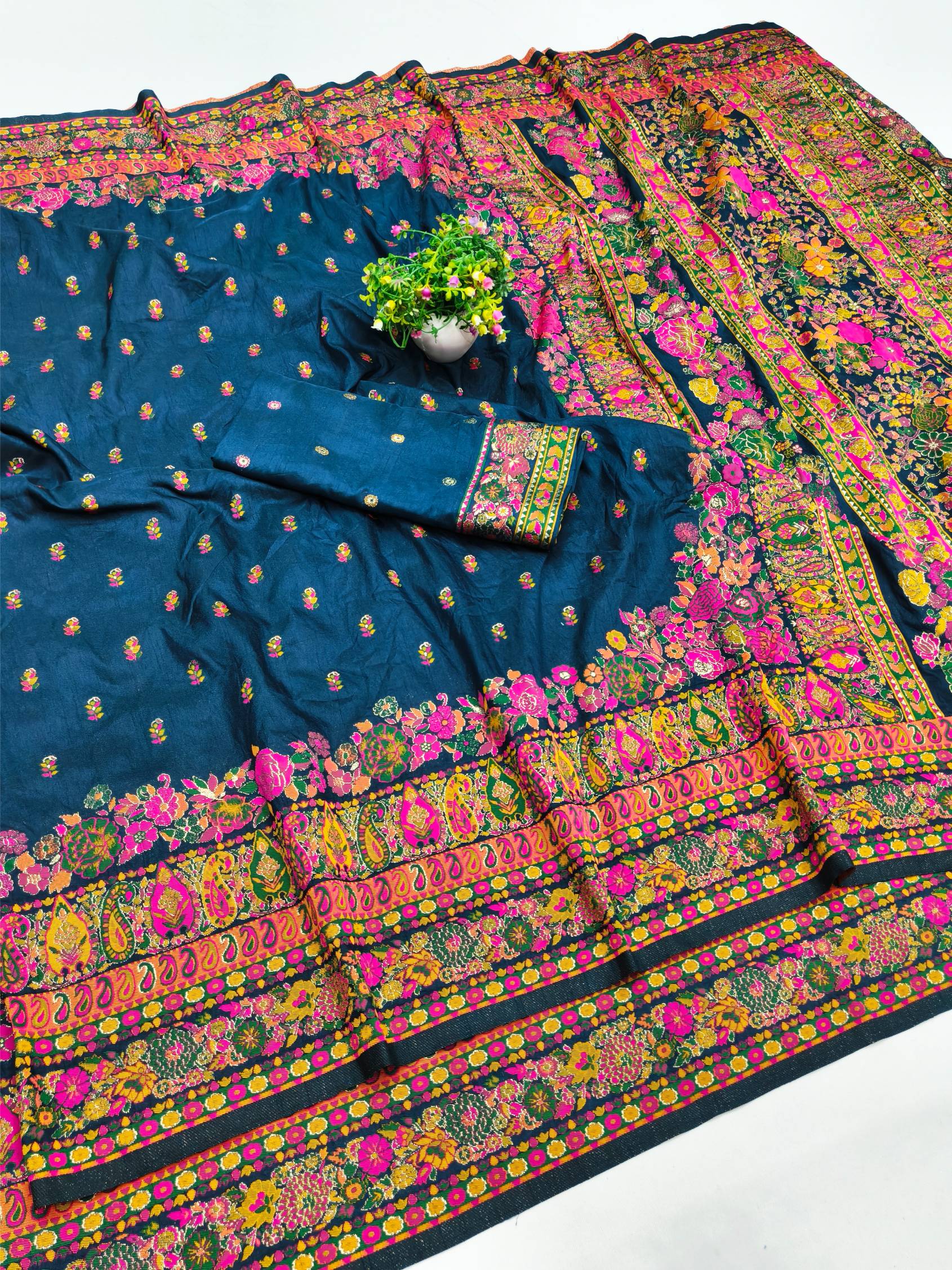 Exquisite Blue Nylon Dola Pashmina Saree With Lustrous Blouse Piece