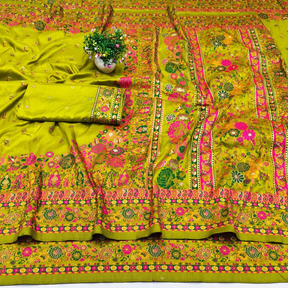 Ethnic Mehndi Nylon Dola Pashmina Saree With Quixotic Blouse Piece