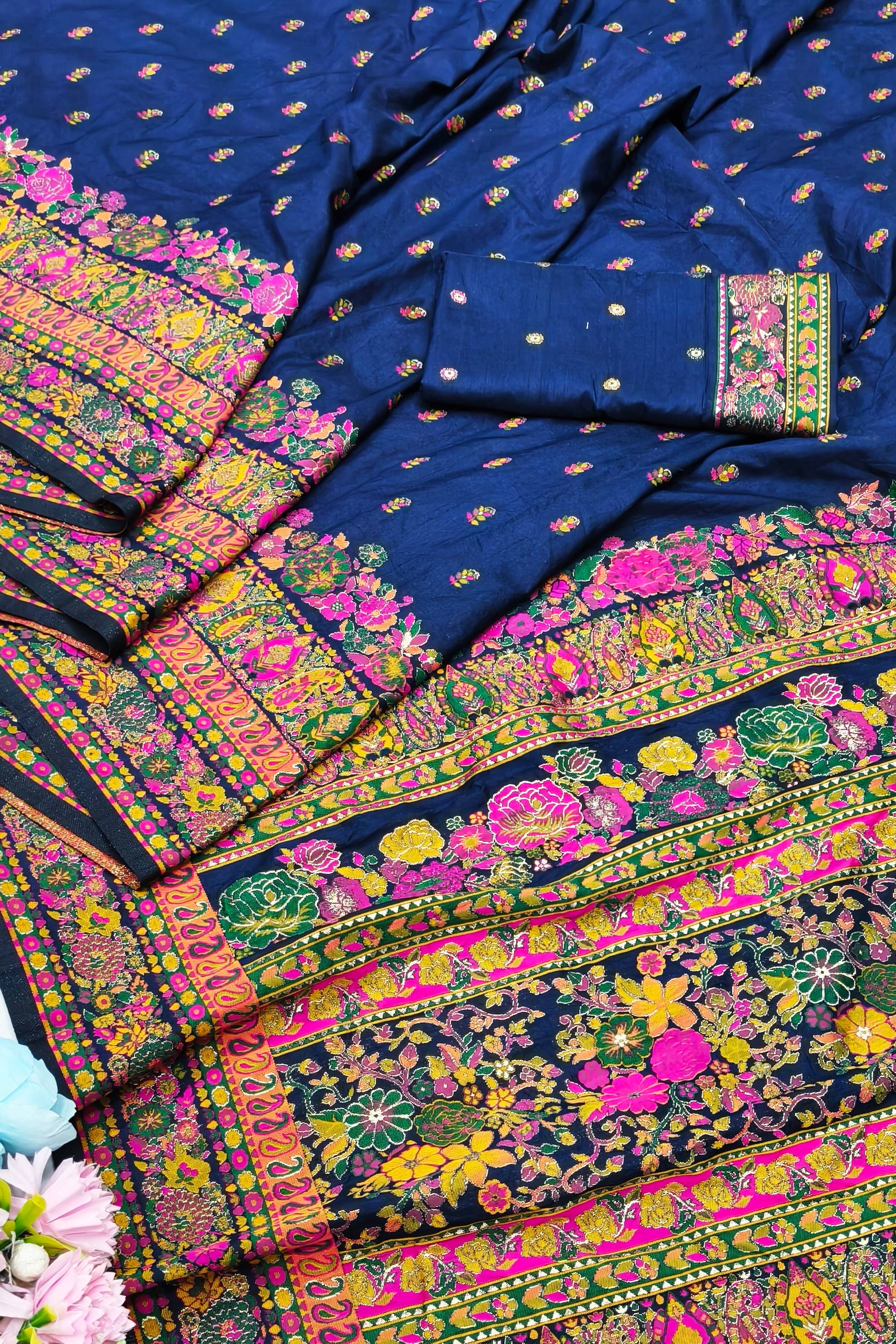 Demanding Navy Blue Nylon Dola Pashmina Saree With Gleaming Blouse Piece