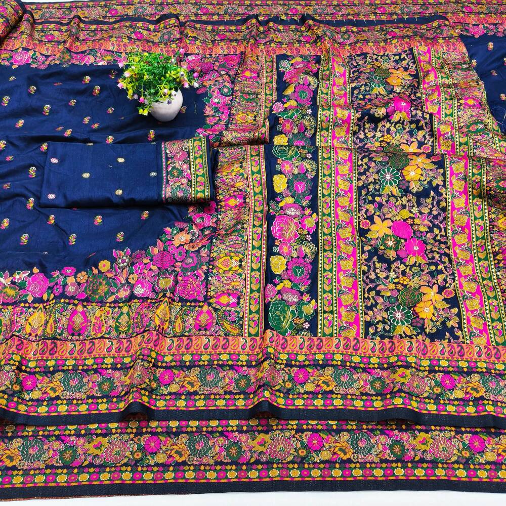 Demanding Navy Blue Nylon Dola Pashmina Saree With Gleaming Blouse Piece