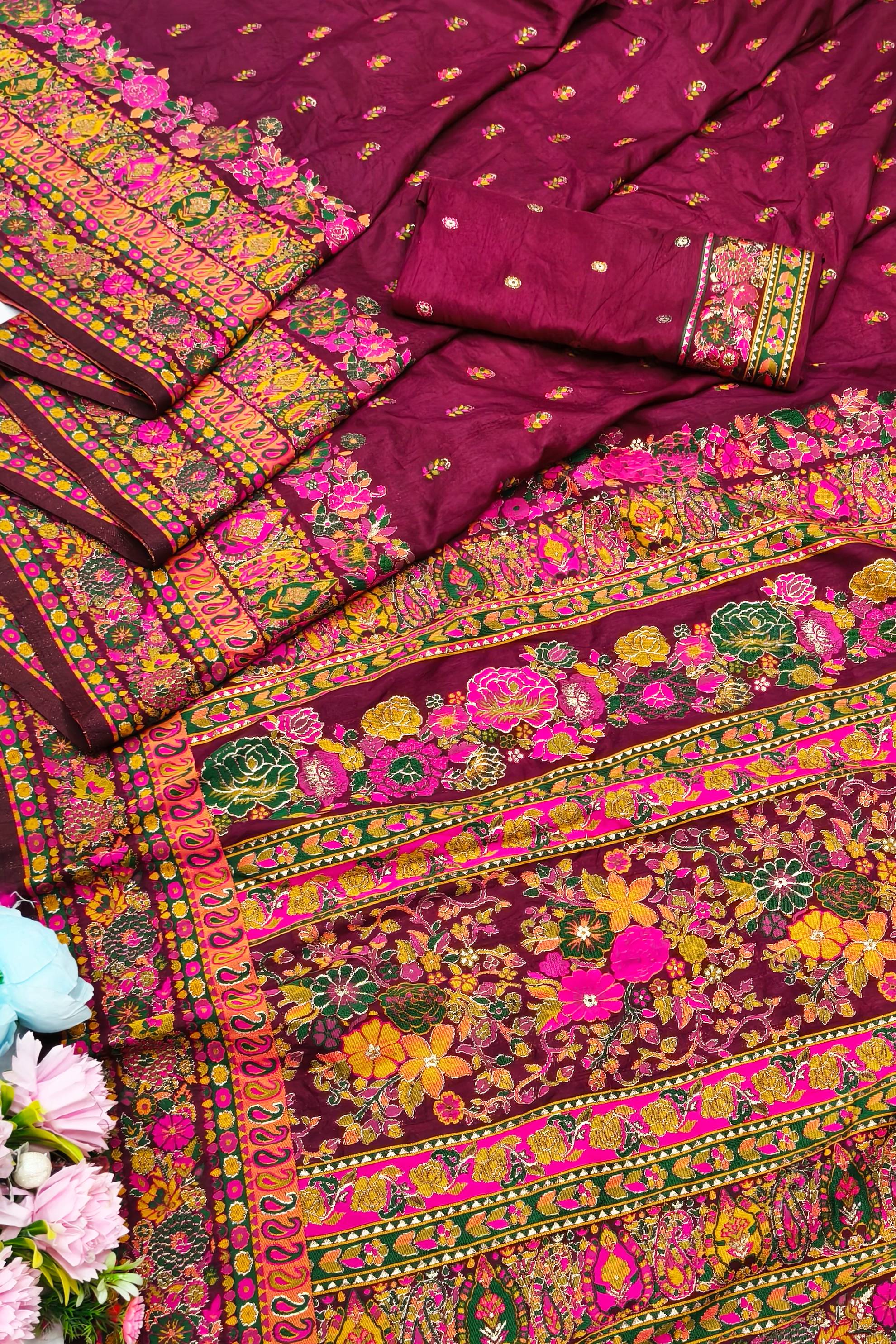 Charismatic Wine Nylon Dola Pashmina Saree With Incredible Blouse Piece