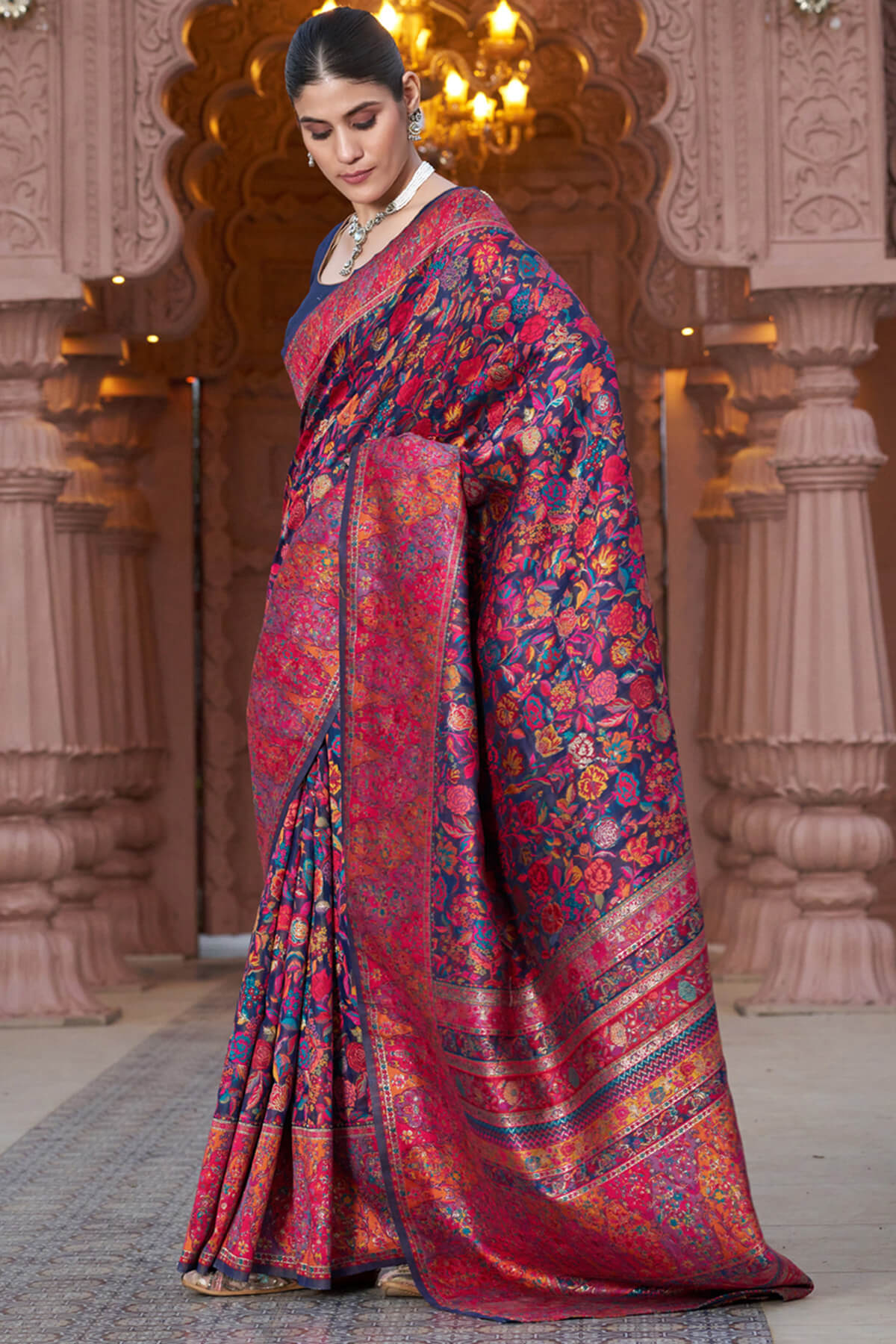 Resplendent Navy Blue Pashmina Saree With Exquisite Blouse Piece