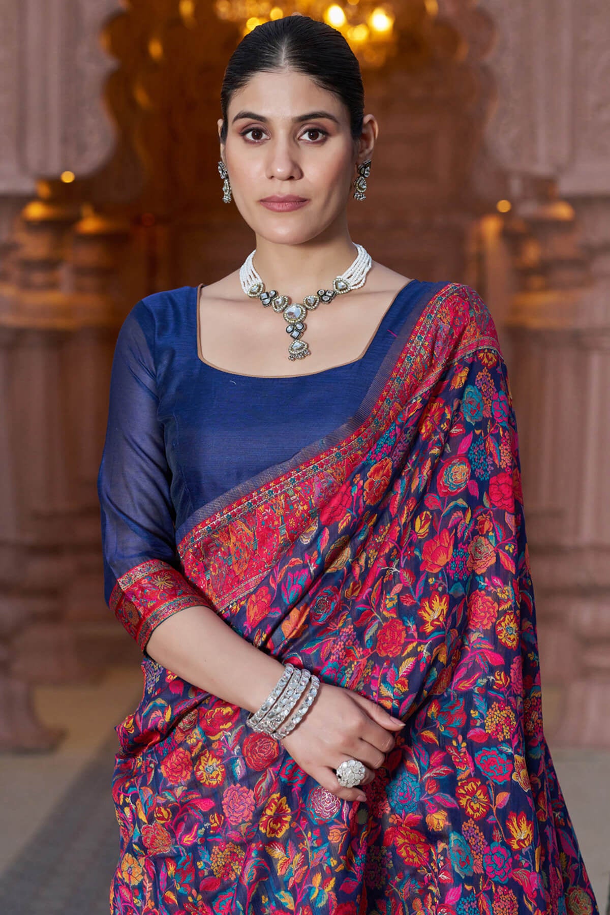 Resplendent Navy Blue Pashmina Saree With Exquisite Blouse Piece