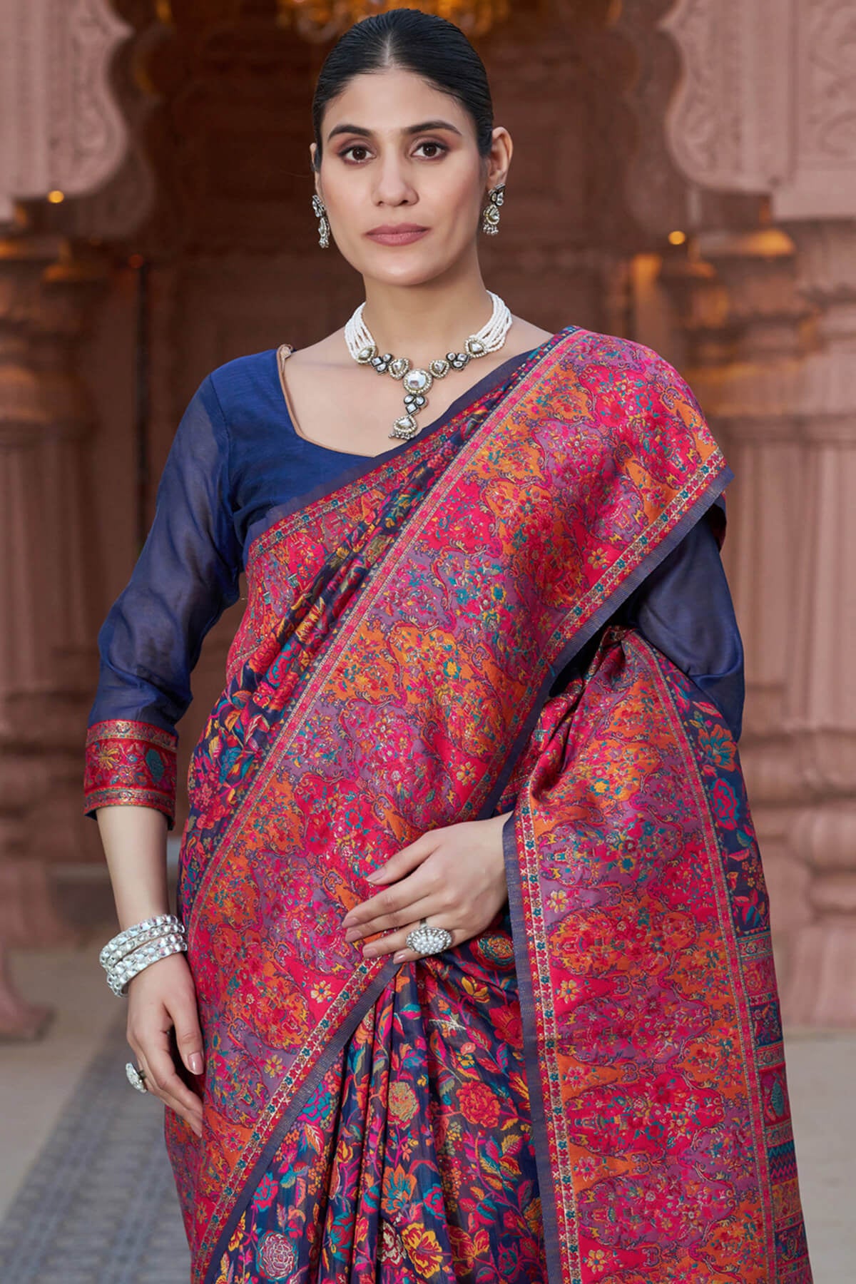 Resplendent Navy Blue Pashmina Saree With Exquisite Blouse Piece