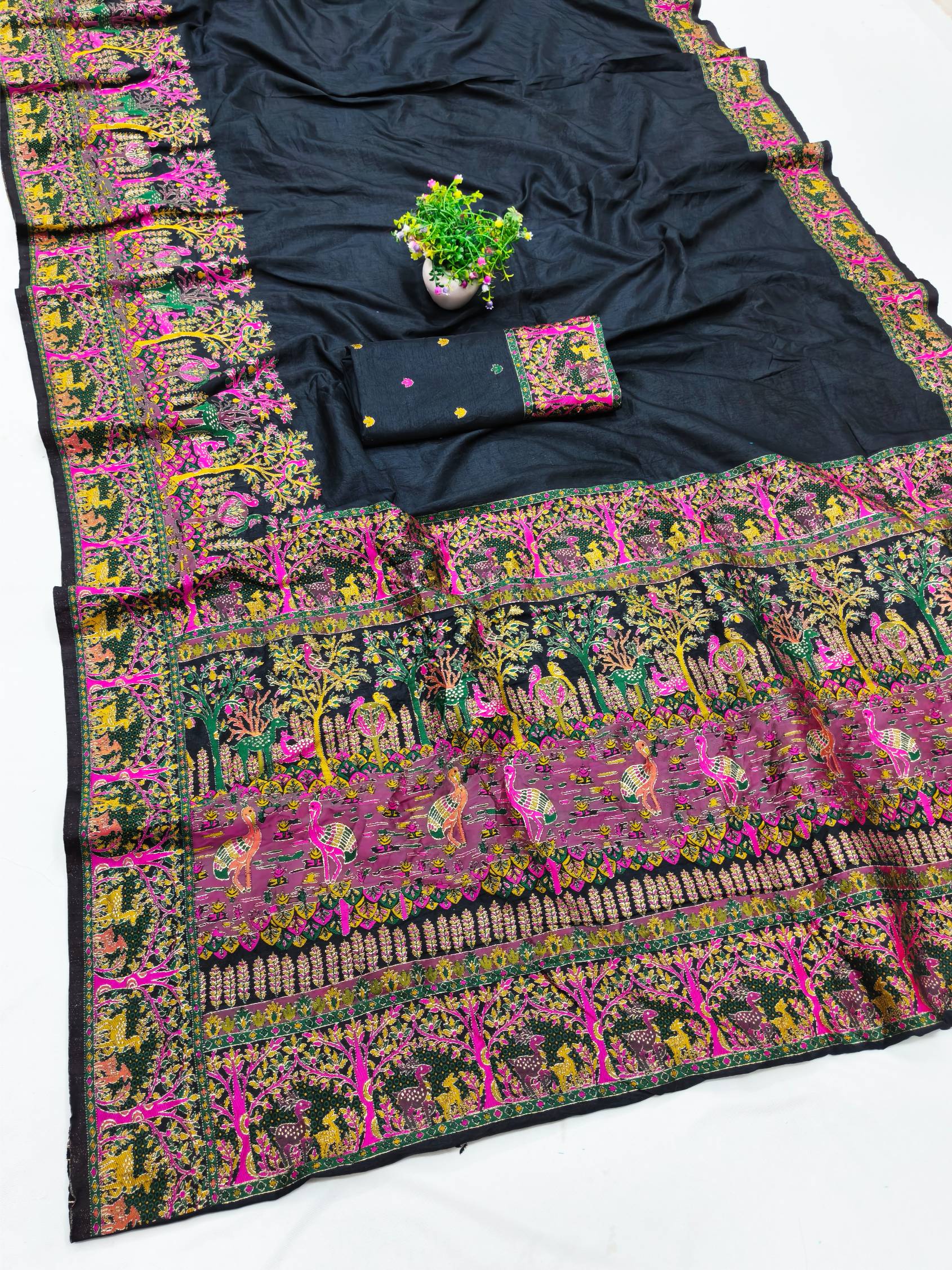 Divine Black Nylon Dola Pashmina Saree With Glowing Blouse Piece