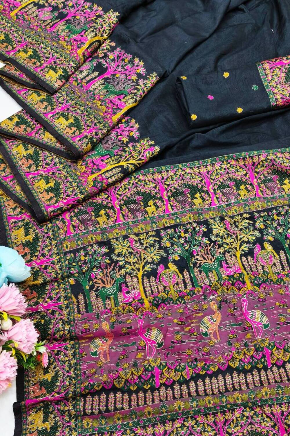 Divine Black Nylon Dola Pashmina Saree With Glowing Blouse Piece