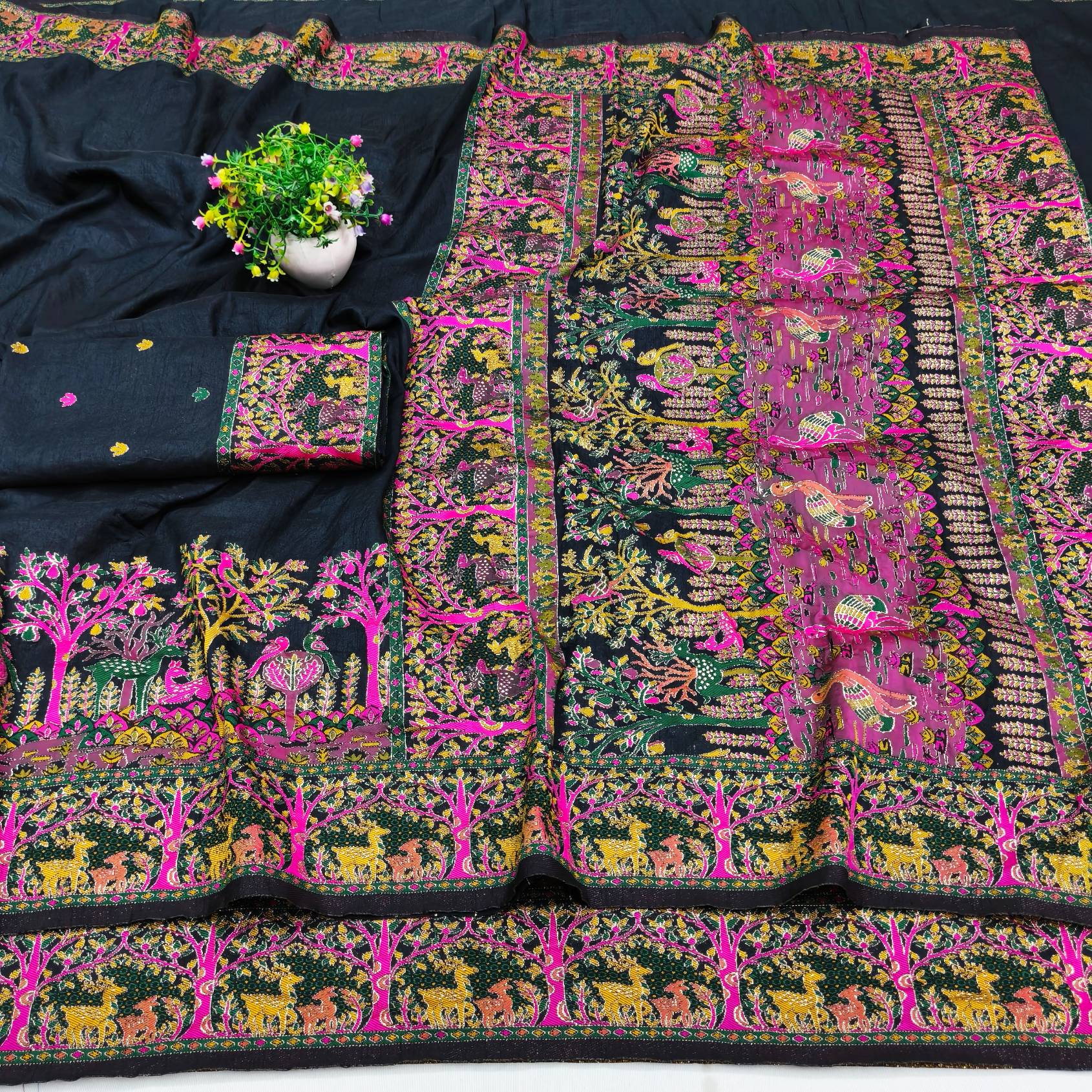 Divine Black Nylon Dola Pashmina Saree With Glowing Blouse Piece