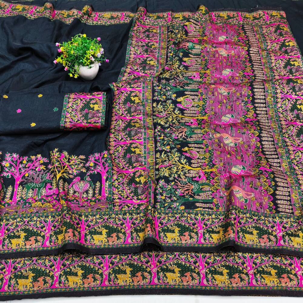 Divine Black Nylon Dola Pashmina Saree With Glowing Blouse Piece