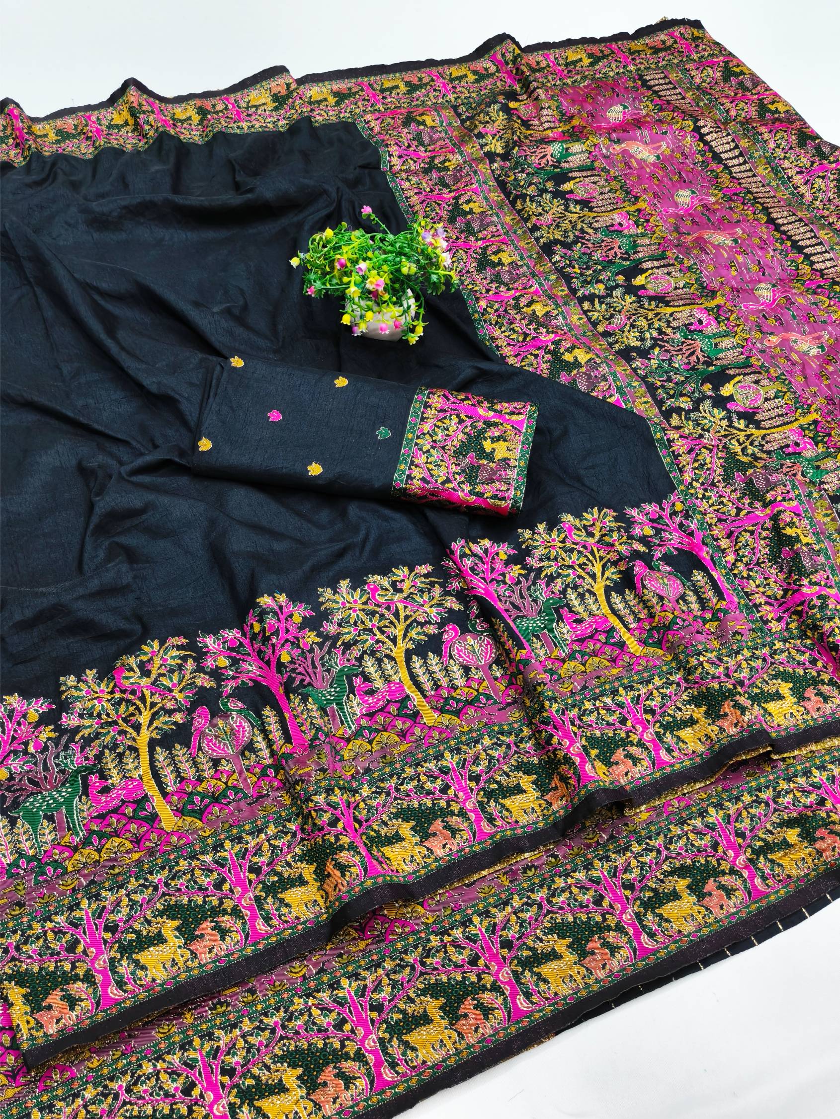 Divine Black Nylon Dola Pashmina Saree With Glowing Blouse Piece