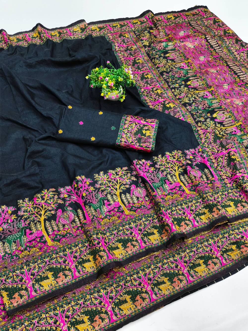 Divine Black Nylon Dola Pashmina Saree With Glowing Blouse Piece