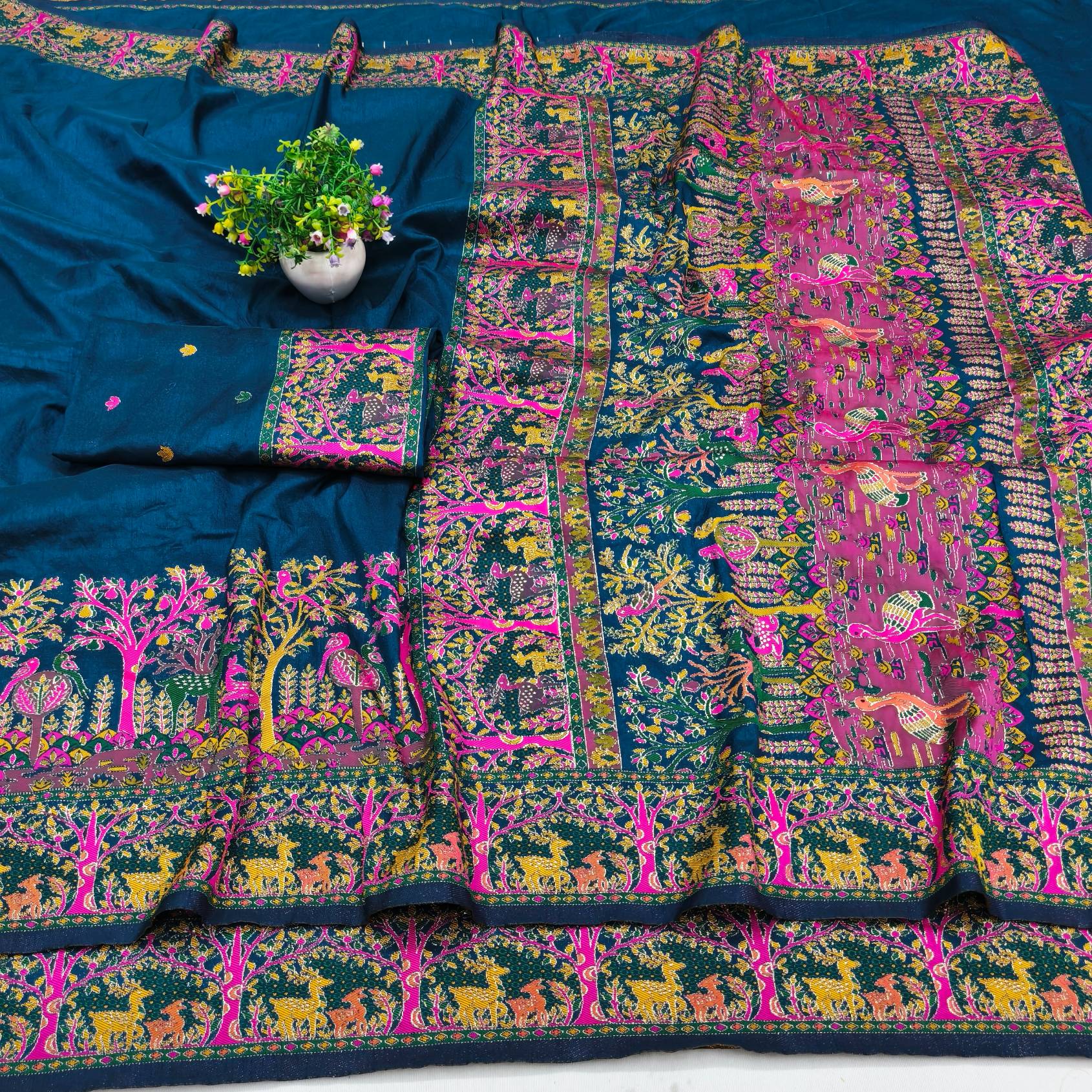 Blissful Blue Nylon Dola Pashmina Saree With Stylish Blouse Piece