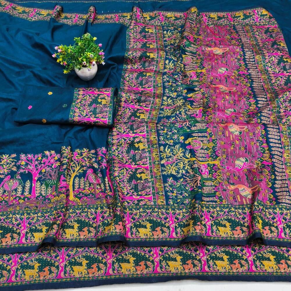 Blissful Blue Nylon Dola Pashmina Saree With Stylish Blouse Piece