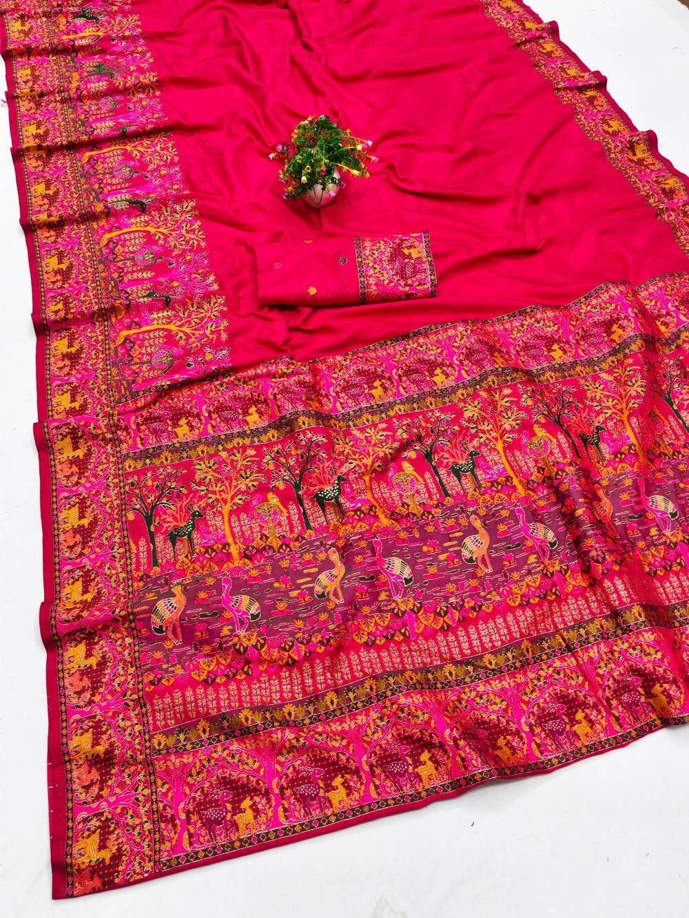 Resonant Dark Pink Nylon Dola Pashmina Saree With Profuse Blouse Piece