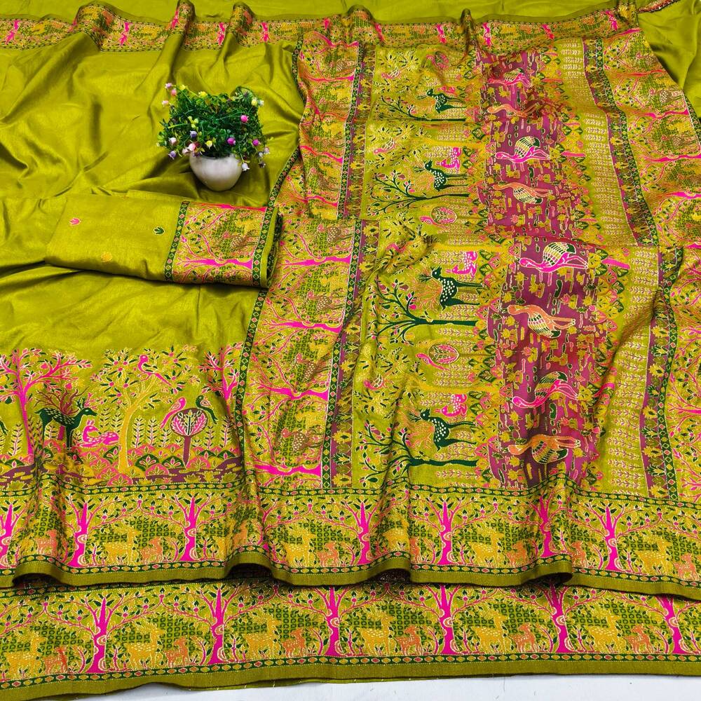 Enamoring Mehndi Nylon Dola Pashmina Saree With Surpassing Blouse Piece