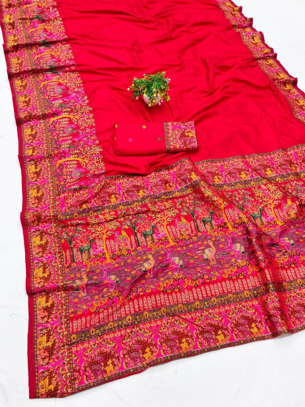 Woebegone Red Nylon Dola Pashmina Saree With Redolent Blouse Piece