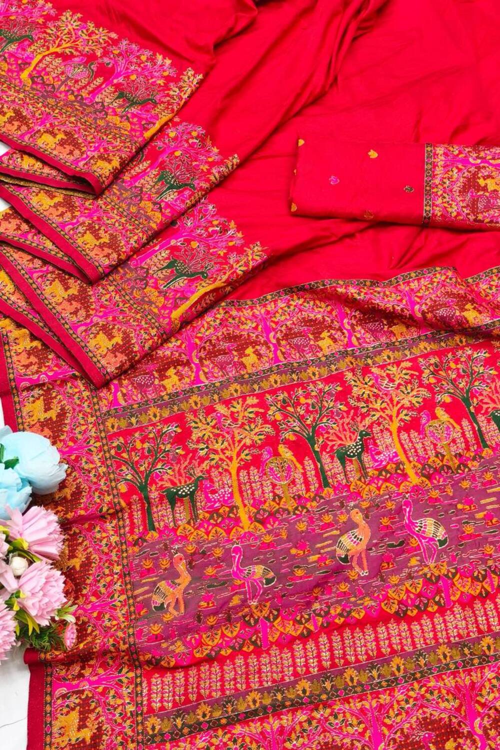 Woebegone Red Nylon Dola Pashmina Saree With Redolent Blouse Piece