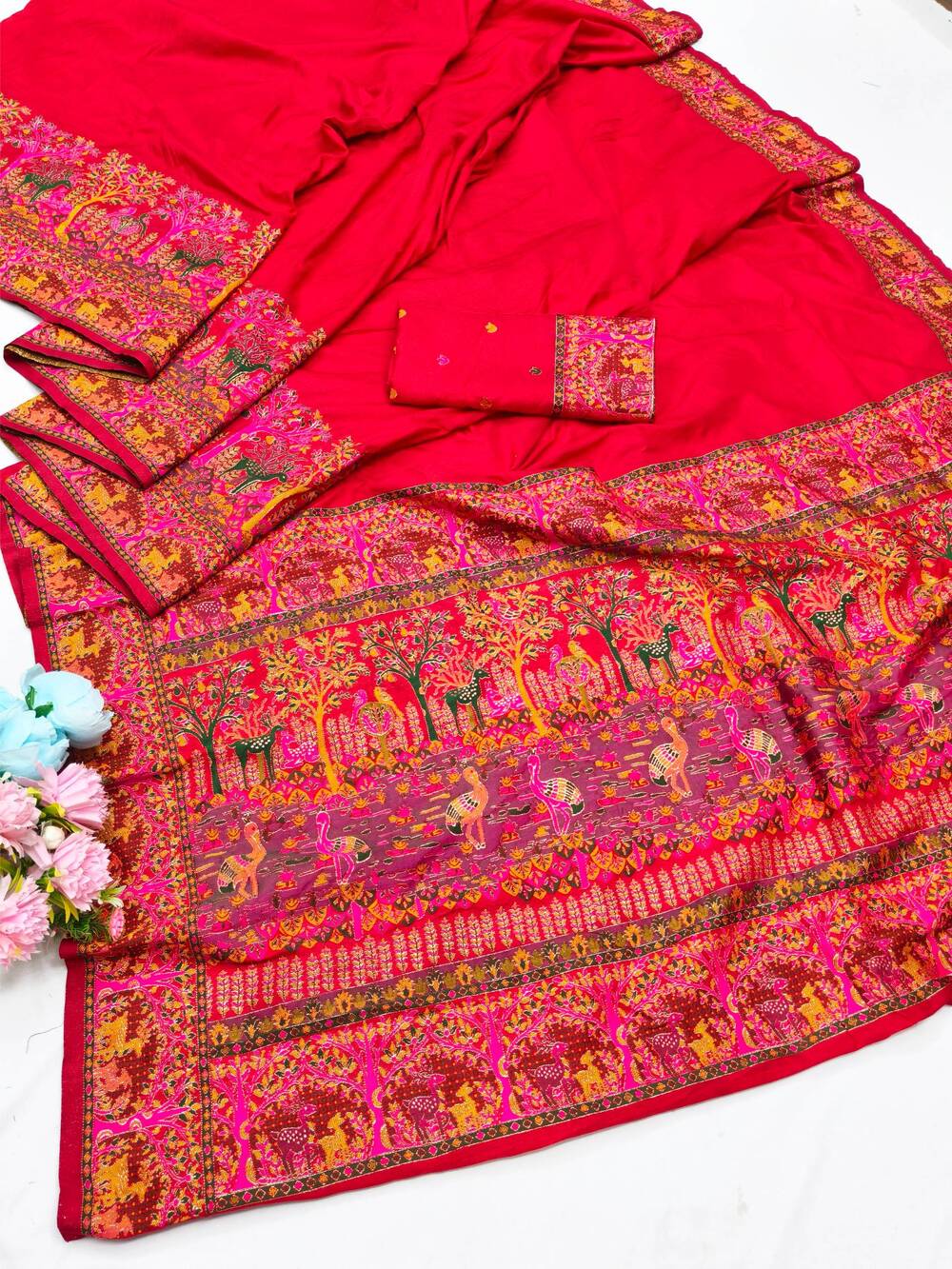 Woebegone Red Nylon Dola Pashmina Saree With Redolent Blouse Piece