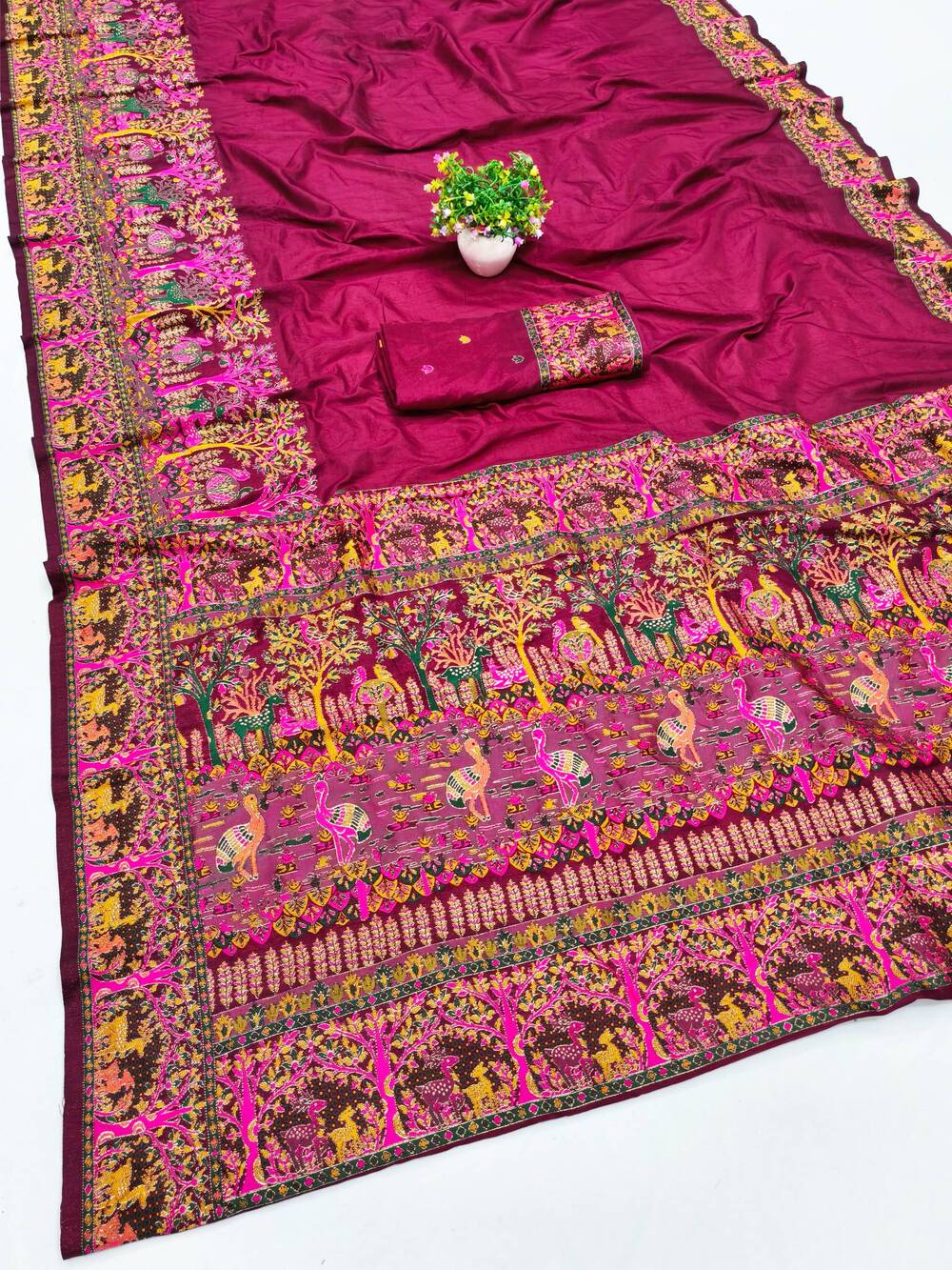 Prettiest Wine Nylon Dola Pashmina Saree With Glamorous Blouse Piece