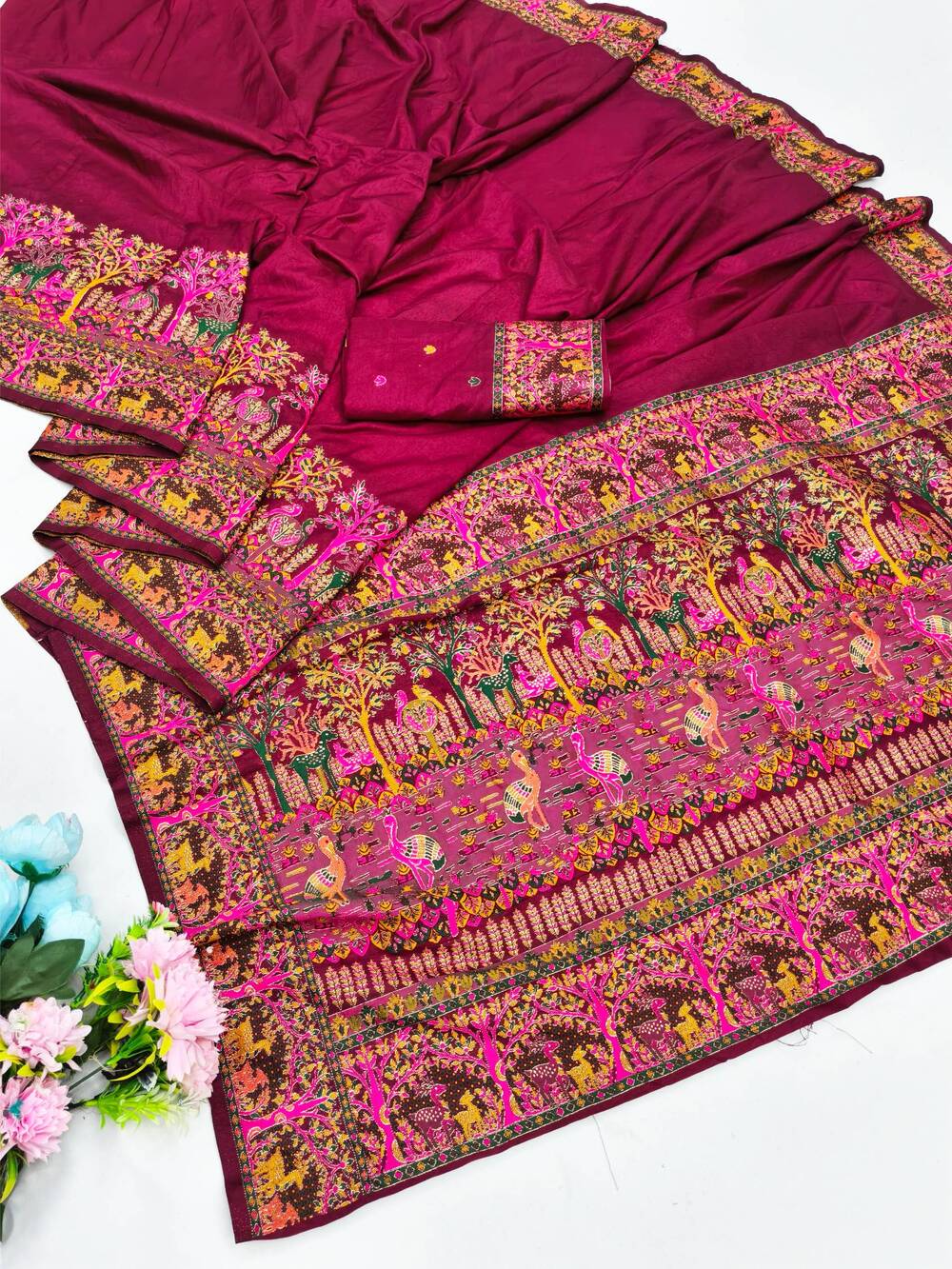 Prettiest Wine Nylon Dola Pashmina Saree With Glamorous Blouse Piece