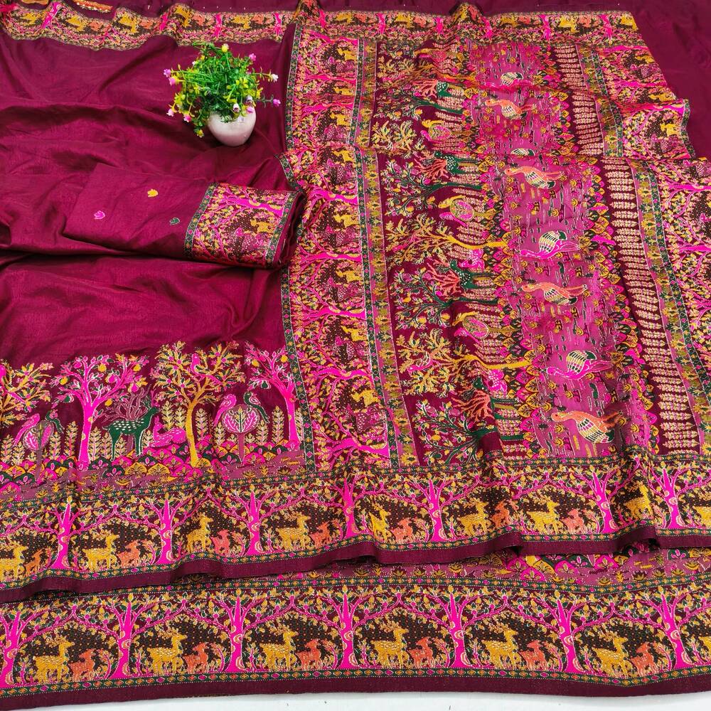 Prettiest Wine Nylon Dola Pashmina Saree With Glamorous Blouse Piece