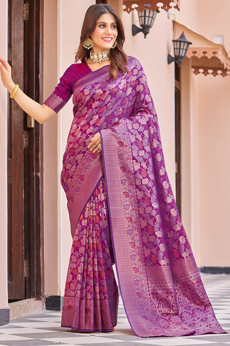 Inspiring Purple Kanjivaram Silk Saree With Desuetude Blouse Piece 