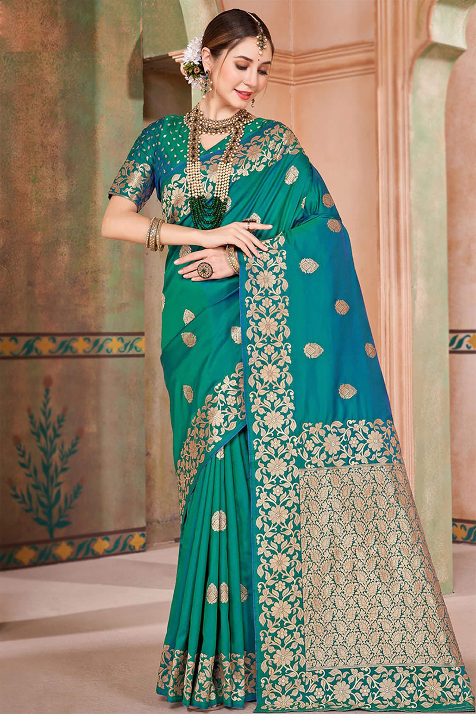 Bewitching Rama Soft Banarasi Silk Saree With Redolent Blouse Piece