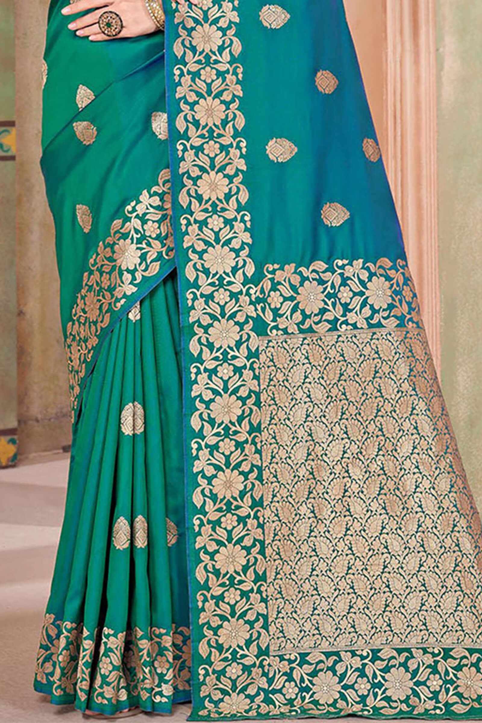 Bewitching Rama Soft Banarasi Silk Saree With Redolent Blouse Piece