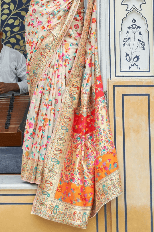 Surreptitious Beige Pashmina saree With Panoply Blouse Piece