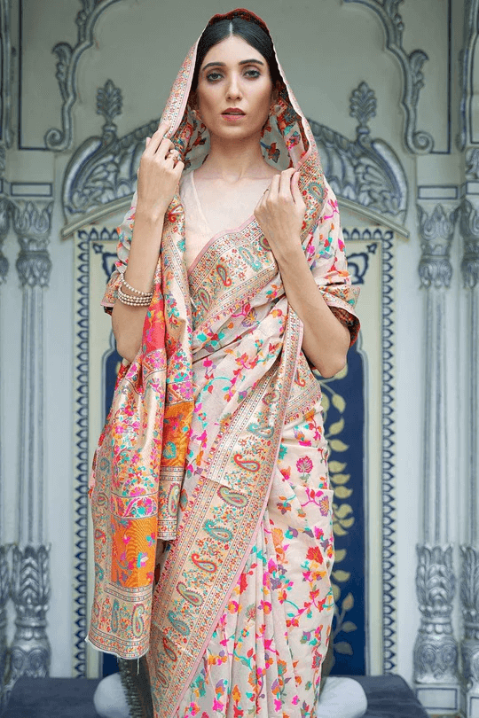 Surreptitious Beige Pashmina saree With Panoply Blouse Piece