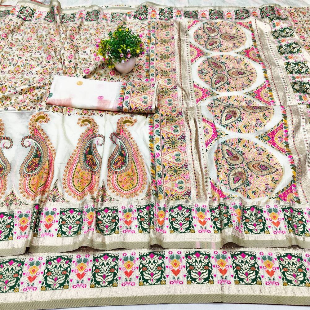 Stunner Beige Nylon Dola Pashmina Saree With Fragrant Blouse Piece