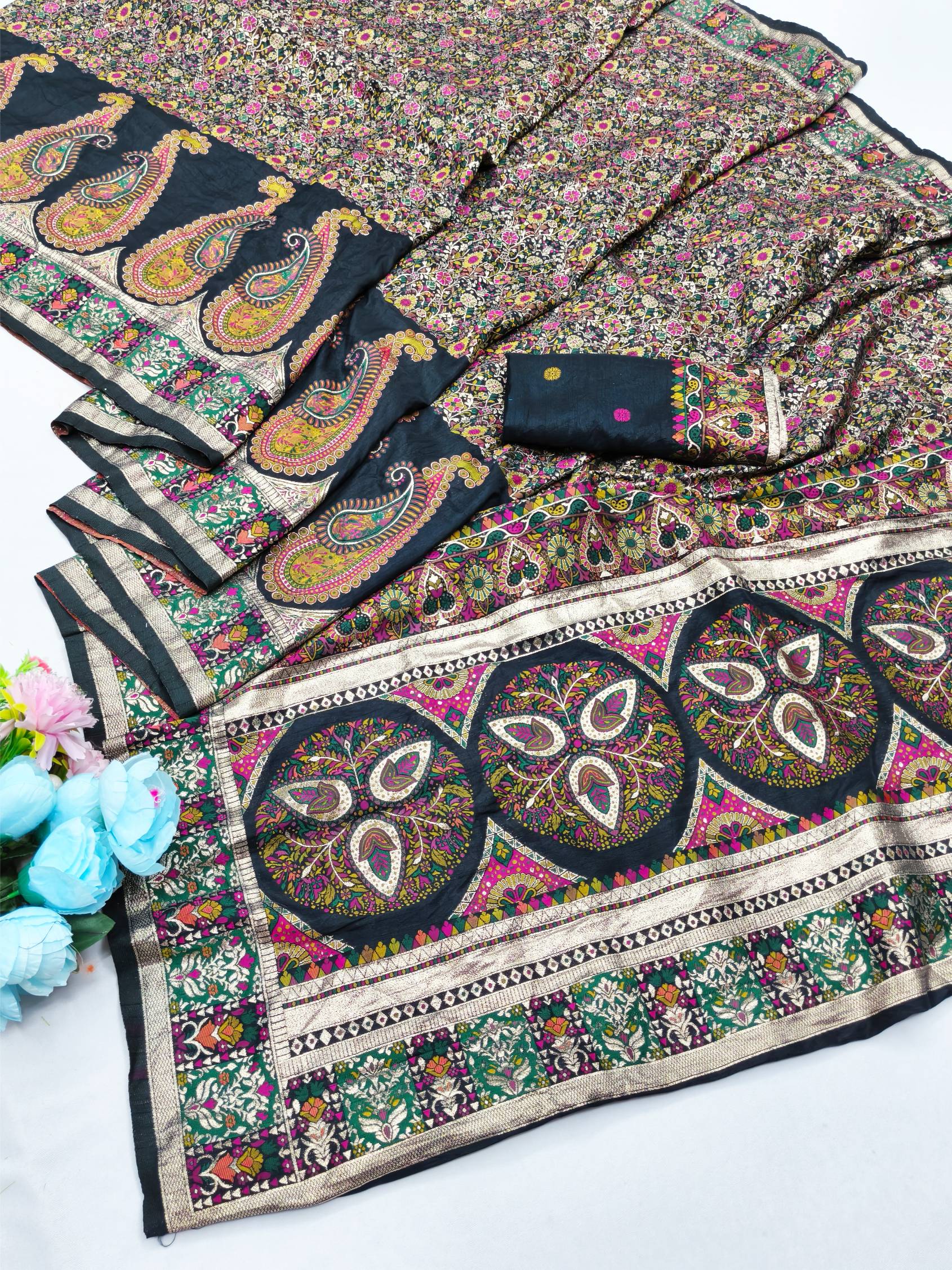 Alluring Black Nylon Dola Pashmina Saree With Fancifull Blouse Piece