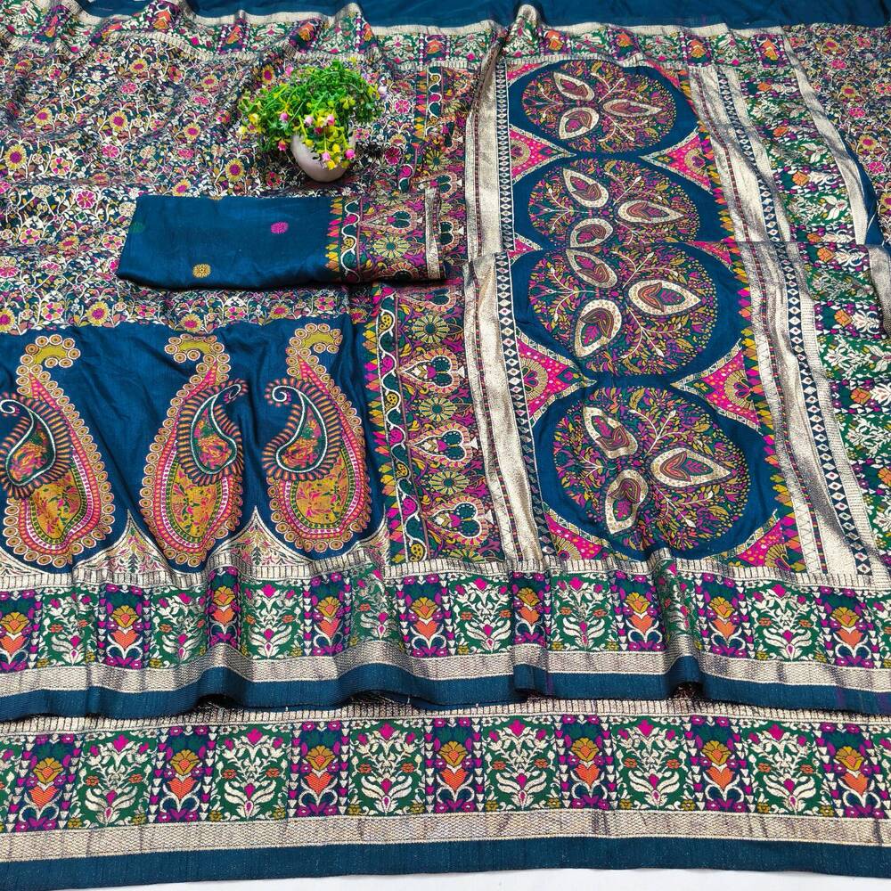 Trendy Blue Nylon Dola Pashmina Saree With Precious Blouse Piece