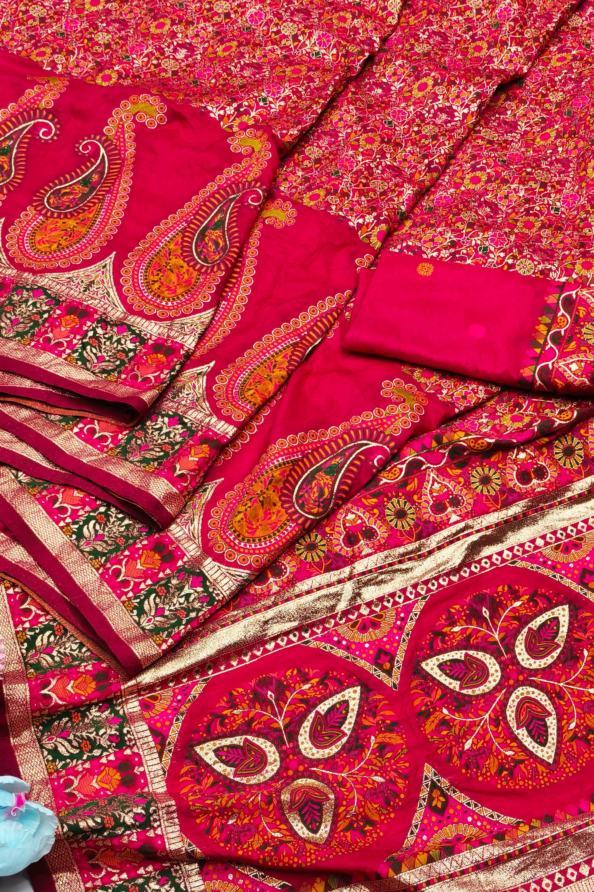 Demure Dark Pink Nylon Dola Pashmina Saree With Sophisticated Blouse Piece