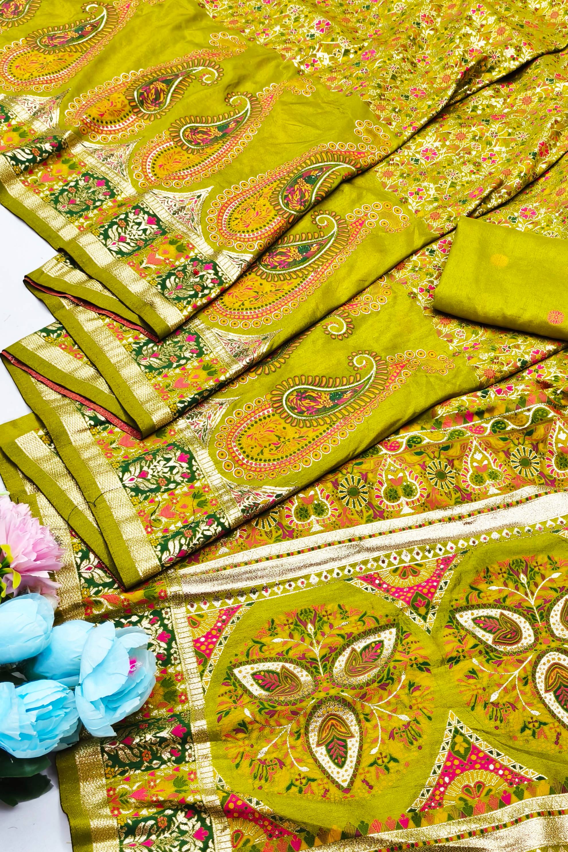 Inspiring Mehandi Nylon Dola Pashmina Saree With Dulcet Blouse Piece