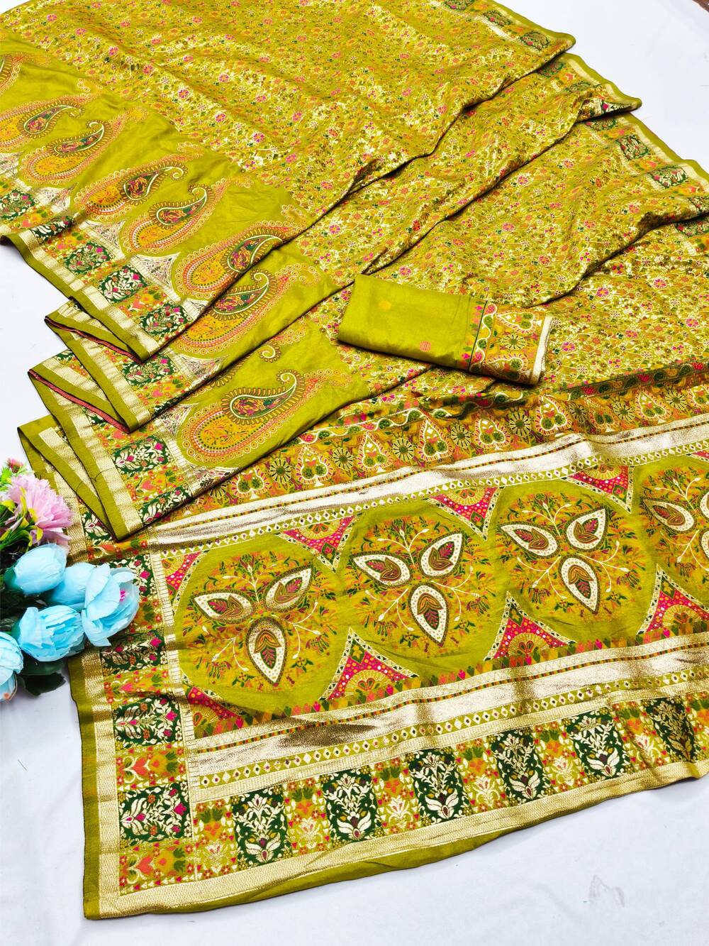 Inspiring Mehndi Nylon Dola Pashmina Saree With Dulcet Blouse Piece